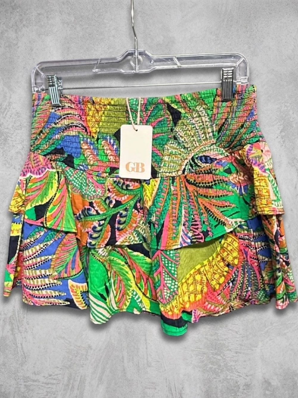 GB New NWT Multi Tropical Floral Ruffle Tiered Smocked Skirt Size M Vacation